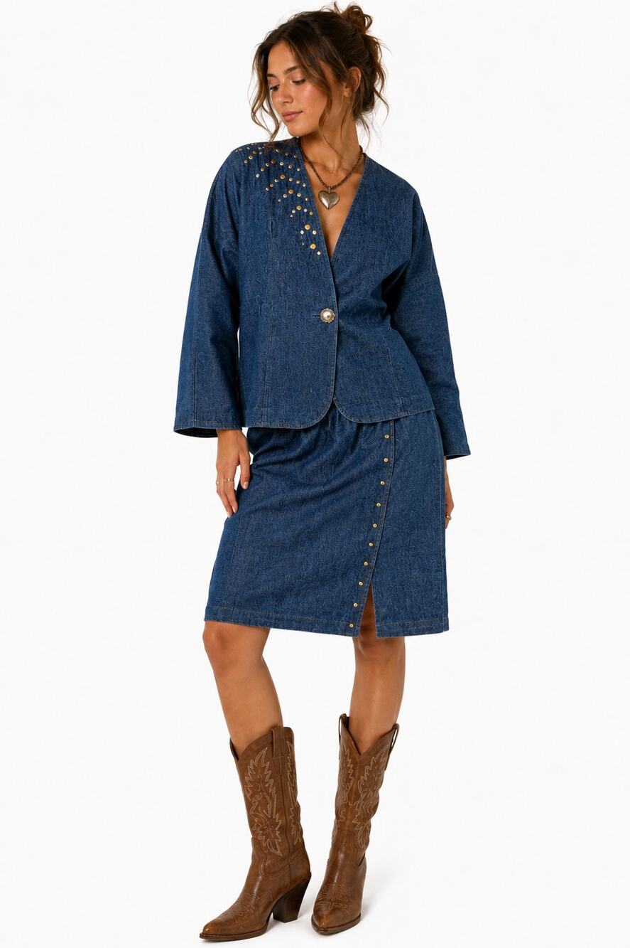 Vintage Denim Western Studded Oversized Blazer Skirt Coord Set Size M Rodeo Boho